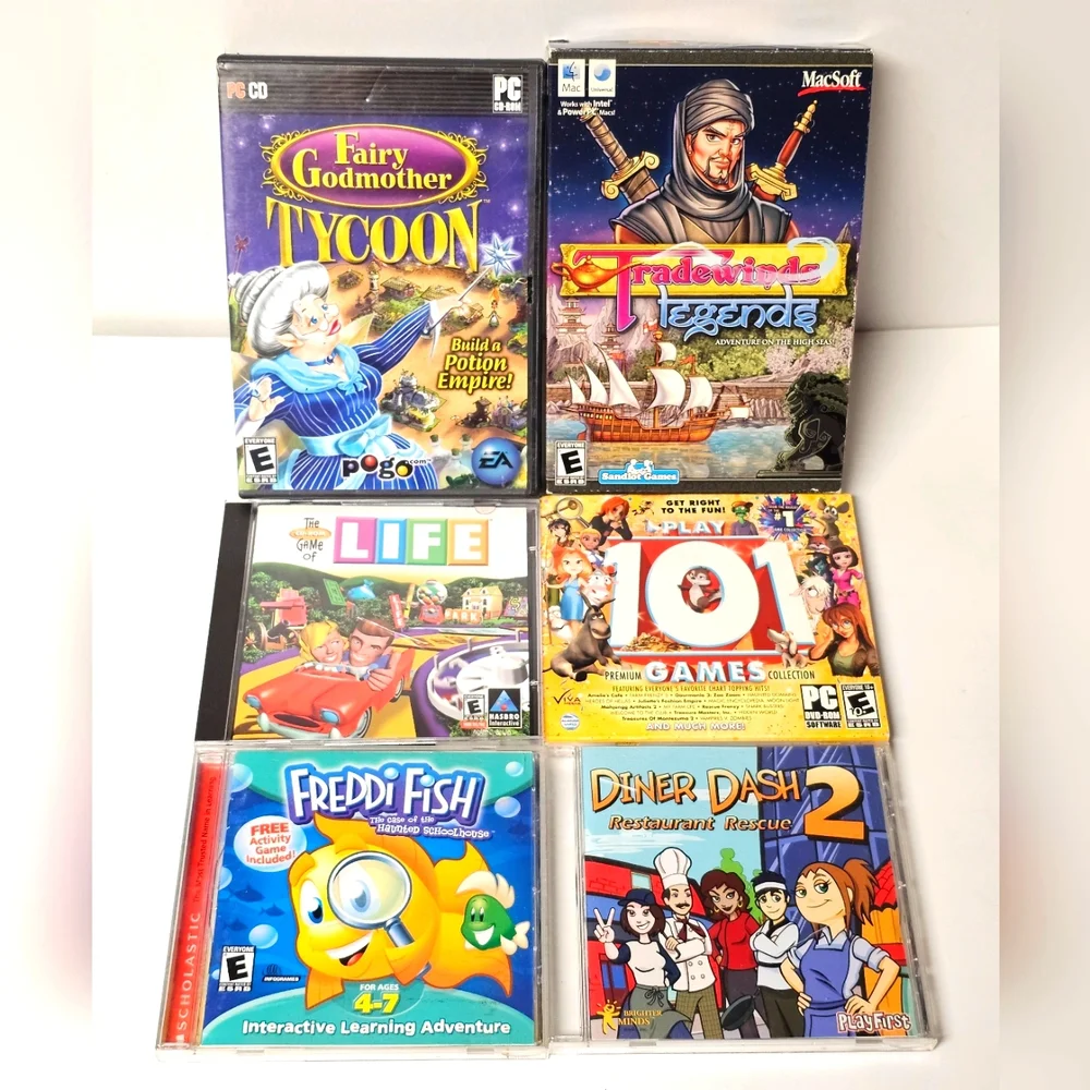 PC CD-ROM Lot of 6 Games (LIFE, Tycoon, Tradewinds, 101 Games, Freddie Fish, Et)
